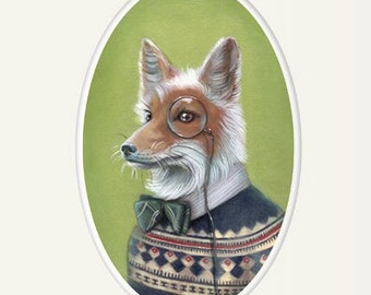 Fox Art, Dapper Fox with Bow Tie and Monocle Painting, Fair Isle Sweater 8x10 Print, Forest Animal Art Print, "Oliver"