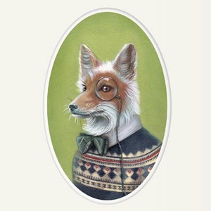 Fox Art, Dapper Fox with Bow Tie and Monocle Painting, Fair Isle Sweater 8x10 Print, Forest Animal Art Print, Oliver image 1