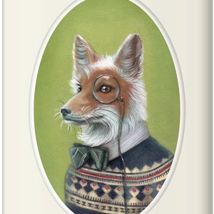 Fox Art, Dapper Fox with Bow Tie and Monocle Painting, Fair Isle Sweater 8x10 Print, Forest Animal Art Print, Oliver image 2