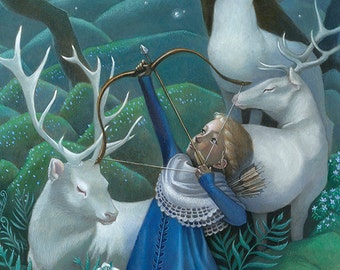 Girl with Elks Art, 11x17 Archer Girl Painting, Forest Fantasy Fine Art Print,  "Wishbreaker"