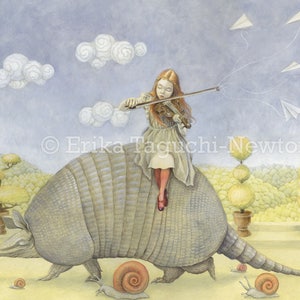 Armadillo 8x10 Art Print, Girl with Violin Painting, Fairy Tale Art, "Armadillo Dream"