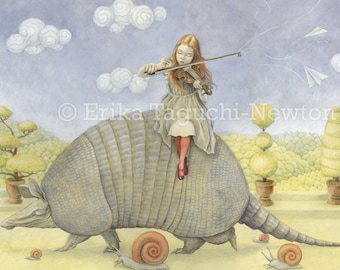 Armadillo 8x10 Art Print, Girl with Violin Painting, Fairy Tale Art, "Armadillo Dream"