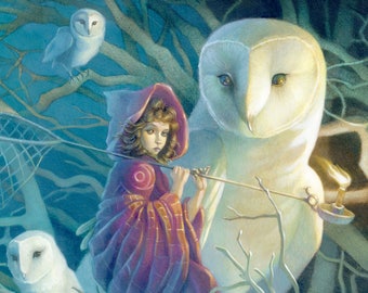 Girl Catching Dreams 11x17 Fantasy Art Print, Magical Owls Art, Spirit Animal Art Painting - "Dreamstealer" by Erika Taguchi-Newton