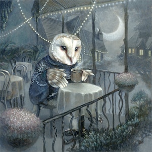 Barn owl whimsical art, owl having tea at a treetop cafe painting, forest animal wall art, 8x10 art print, Sebastian image 1