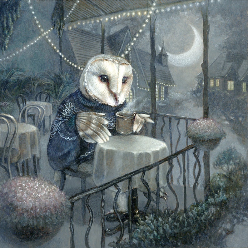 Barn owl whimsical art, owl having tea at a treetop cafe painting, forest animal wall art, 8x10 art print, Sebastian image 1