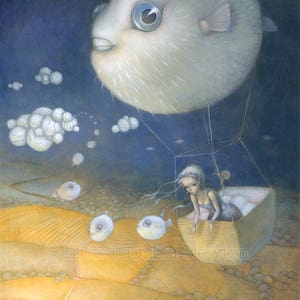 Blow Fish 12x16 Fine Art Print, Puffer Fish Painting, Hot Air Balloon Art, "Blowfish Dreams" Limited Edition