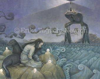 Selkie 8x10 Art Print, Seal Painting, Lighthouse Art  - Sea Lion Dream (Lost Selkie)