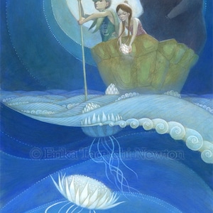 May include: A painting of a girl and a boy on a turtle shell floating on a blue ocean. The girl is holding a lantern and the boy is holding a staff. A black bear is standing on the turtle shell. The ocean is filled with white jellyfish.