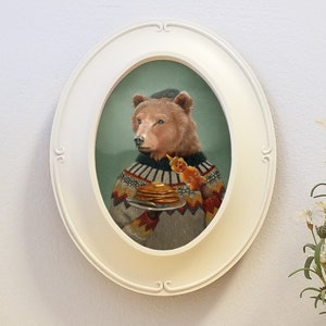 Honey bear art, ready-to-hang oval framed giclee of bear wearing sweater with pancakes and honey, animal portrait wall decor art, &quot;Sawyer&quot;