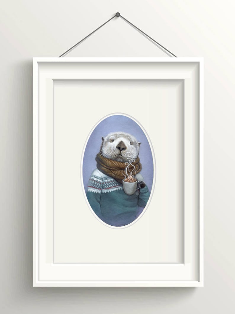 Sea otter art, sea otter wearing a sweater with hot cocoa animal portrait painting wall art, 8x10 nursery art print, Wallace image 1