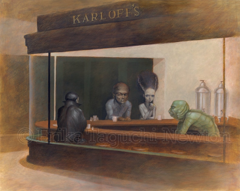 Parodie Universal Monster in Nighthawks, impression d'art mural 8 x 10 avec Dracula, l'homme-loup, la fiancée de Frankenstein, la créature du lagon noir image 1