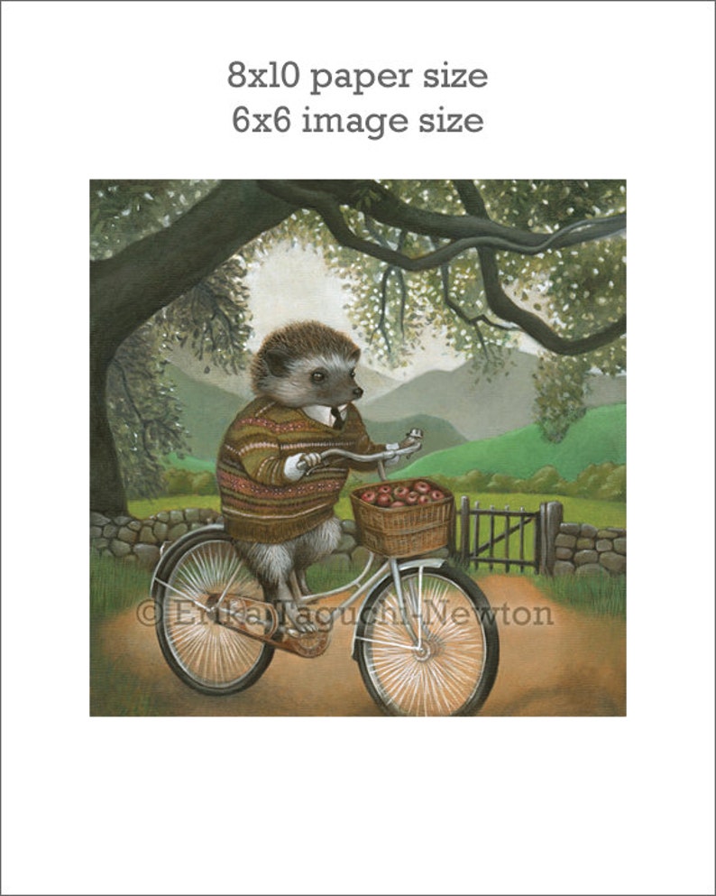 Hedgehog art, hedgehog on bicycle painting, forest animal wall art, 8x10 art print, Arthur image 2