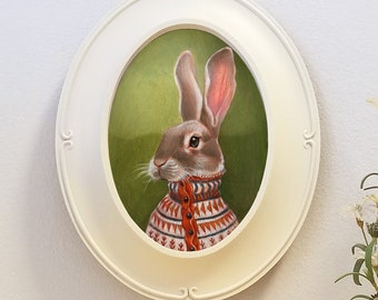 Bunny art, ready-to-hang oval framed giclee of rabbit wearing a sweater, animal portrait wall decor art, "Homer"