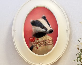 Badger art, ready-to-hang oval framed giclee of badger in a sweater with a heart shaped lollipop whimsical  portrait wall decor, "Beatrice"