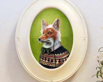 Art élégant de renard, jet d'encre encadré ovale prêt à accrocher de renard dans un monocle portant un pull, art de décoration murale de portrait d'animal, « Oliver »