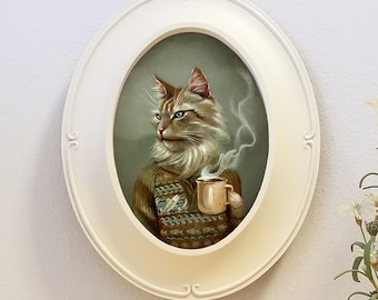 Main coon cat art, ready-to-hang oval framed giclee of cat wearing sweater with cup of coffee, animal portrait wall decor art, "Tigerius"