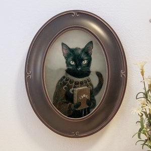 Black cat art, ready-to-hang oval framed giclee of black cat holding a spell book, animal portrait wall decor art, &quot;Eliza&quot;