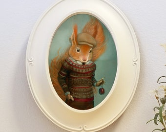 Squirrel art, ready-to-hang oval framed giclee of squirrel wearing sweater with yo yo, animal portrait wall decor art, "Tobias"