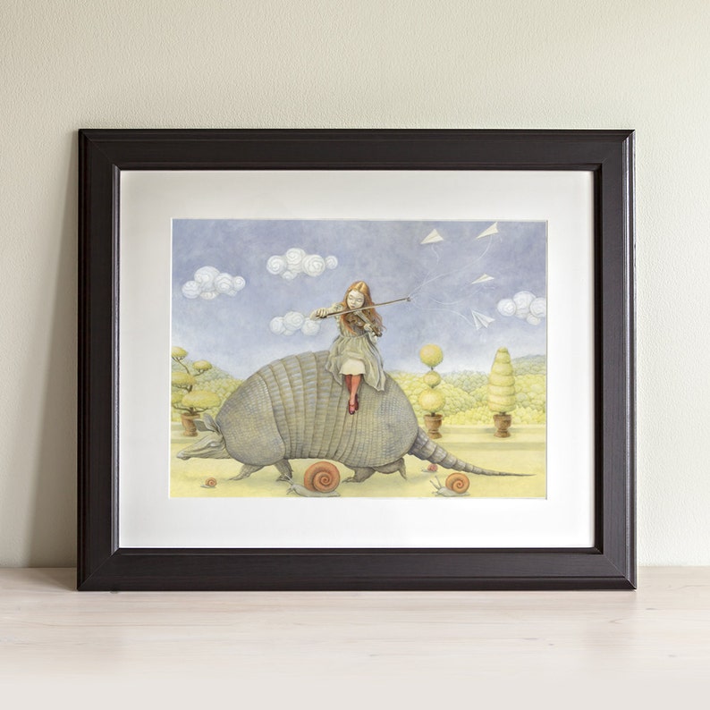 Armadillo 8x10 Art Print, Girl with Violin Painting, Fairy Tale Art, Armadillo Dream image 2