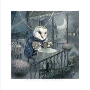 Barn owl whimsical art, owl having tea at a treetop cafe painting, forest animal wall art, 8x10 art print, Sebastian image 2