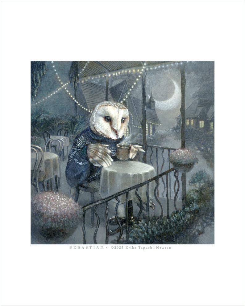 Barn owl whimsical art, owl having tea at a treetop cafe painting, forest animal wall art, 8x10 art print, Sebastian image 2