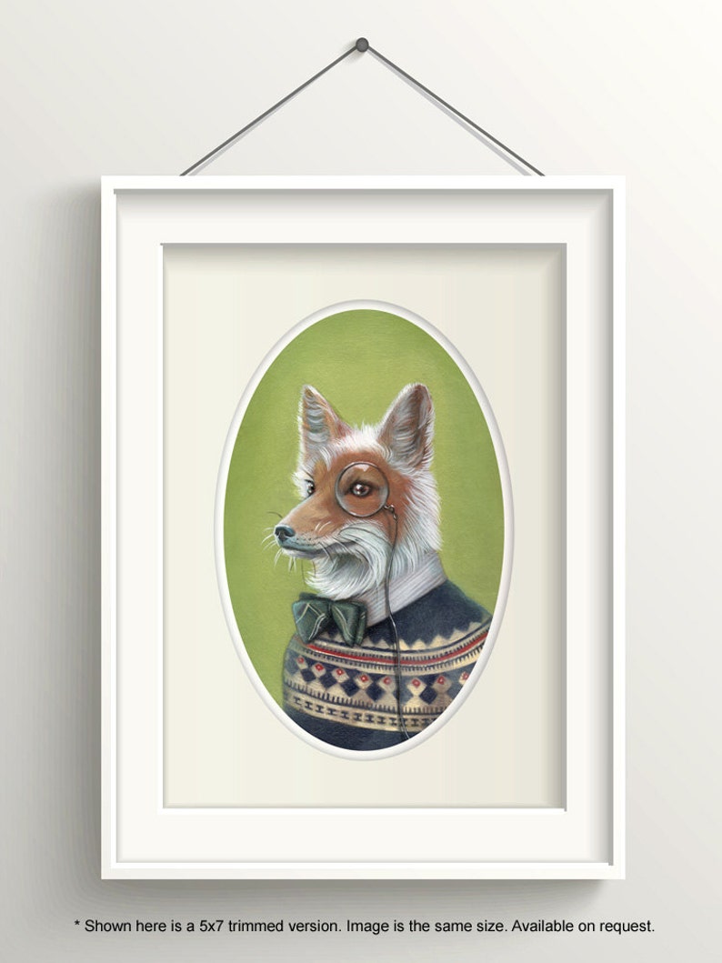 K&ouml;nnte beinhalten: Ein Gem&auml;lde eines Fuchses, der einen blauen Pullover mit einem wei&szlig;en und schwarzen Muster, eine gr&uuml;ne Fliege und ein Monokel tr&auml;gt. Der Fuchs schaut nach links. Der Hintergrund ist ein gr&uuml;nes Oval.
