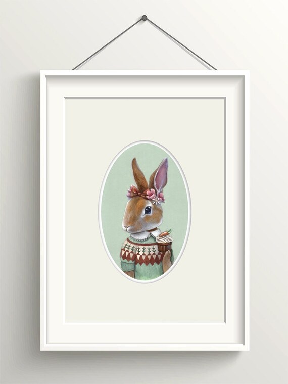 Bunny Art, Rabbit with Carrot Cupcake Painting, Fair Isle Sweater 8x10 Print, Forest Animal Art Print, "Ester"