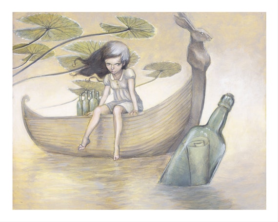 Girl On A Boat With Message In A Bottle Painting 8X10 Art - Etsy