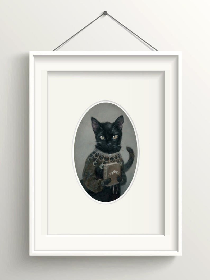 Black cat in sweater with book art print, animal pet portrait painting wall art, 8x10 home decor art print, Eliza image 1