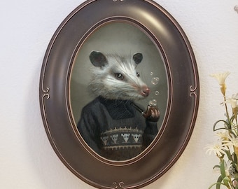 Benjamin, opossum in sweater holding a bubble pipe art, ready-to-hang oval framed giclee, animal portrait wall decor art