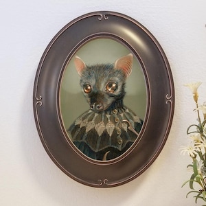 Bat in sweater cape art, ready-to-hang oval framed giclee of bat in fair isle sweater, animal portrait wall decor art, &quot;Charlotte&quot;