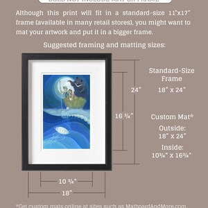 May include: A framed illustration of a scene with a bear, two children, and a jellyfish. The print is 11 inches by 17 inches and does not include a mat or frame. The image shows suggested framing and matting sizes in inches.