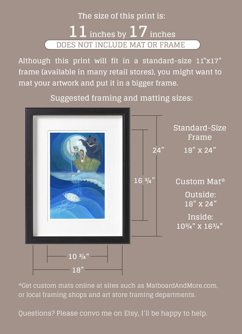 May include: A framed illustration of a scene with a bear, two children, and a jellyfish. The print is 11 inches by 17 inches and does not include a mat or frame. The image shows suggested framing and matting sizes in inches.