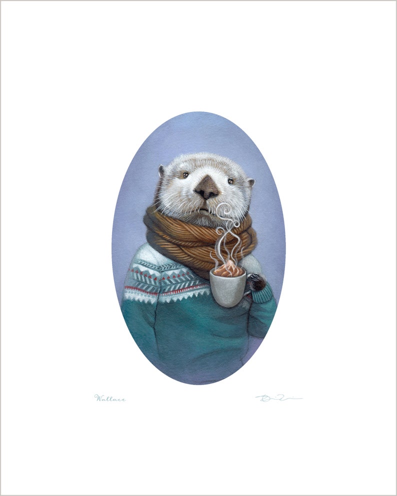 Sea otter art, sea otter wearing a sweater with hot cocoa animal portrait painting wall art, 8x10 nursery art print, Wallace image 2