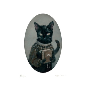 Black cat in sweater with book art print cat animal portrait image 2