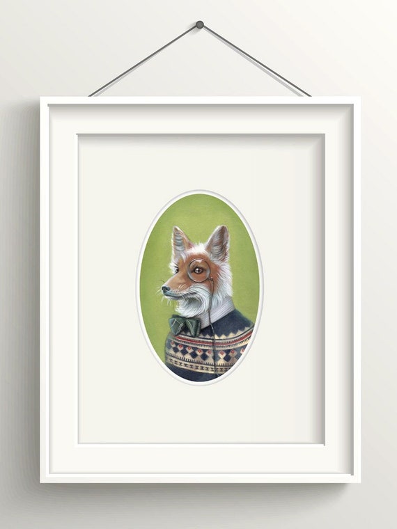 Fox Art, Dapper Fox with Bow Tie and Monocle Painting, Fair Isle Sweater 8x10 Print, Forest Animal Art Print, "Oliver"