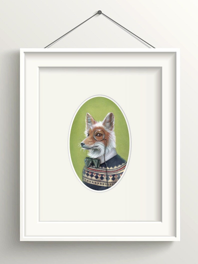 Fox Art, Dapper Fox with Bow Tie and Monocle Painting, Fair Isle Sweater 8x10 Print, Forest Animal Art Print, Oliver image 1