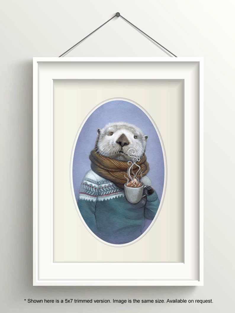 Sea otter art, sea otter wearing a sweater with hot cocoa animal portrait painting wall art, 8x10 nursery art print, Wallace image 3