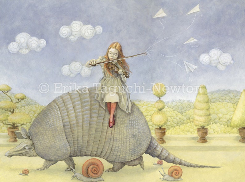 Armadillo 8x10 Art Print, Girl with Violin Painting, Fairy Tale Art, Armadillo Dream image 1