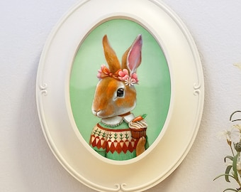 Bunny art, ready-to-hang oval framed giclee of rabbit wearing sweater with a carrot cupcake, animal portrait wall decor art, "Ester"