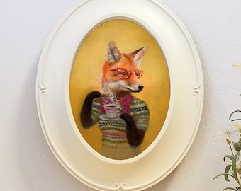 Fox art, ready-to-hang oval framed giclee of a fox wearing sweater with cup of tea, animal portrait wall decor art, "Agatha"