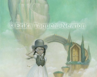 Floating Castle Art, Dapper Derby Hat Girl Painting, Pop Surrealism 8x10 Art Print, "Remains to be Seen"