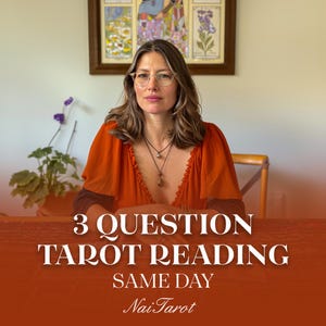 May include: A woman wearing glasses and a red top sits in front of a red background with the text "3 QUESTION TAROT READING SAME DAY Nai:Tarot".