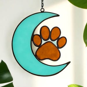 Stained Glass Moon Paw Suncatcher: Pet Memorial Window Ornament