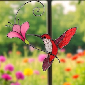Hummingbird and Flower stained glass bird suncatcher Handmade product Modern stained glass window hangings Hummingbird flower suncatcher