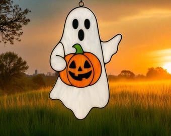 Stained Glass Ghost Suncatcher: Halloween Window Decor with Pumpkin