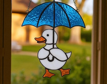 Stained Glass Duck Suncatcher with Umbrella – Handmade Duck Window Hanging