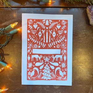 Weihnachtsvolkskunst-Symmetrie handbedruckte Karte | Linoldruck | Weihnachtskarte