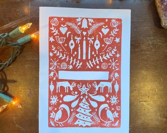 Tarjeta navideña con simetría de arte popular impresa a mano / Impresión en linóleo / Tarjeta festiva