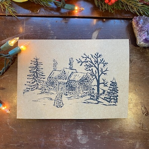 Snowy Cottage Hand-printed Christmas Card | Linocut Print
